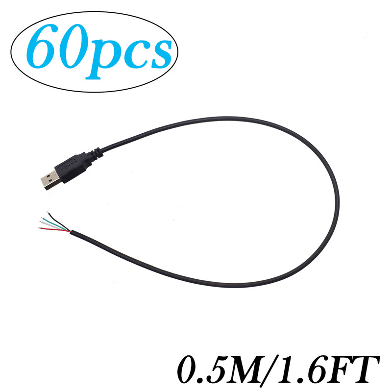 60x 0.5M/1.6FT USB A Male to 4-Pin Pigtail Bare Wire 5V/1A for Repair DIY NEW