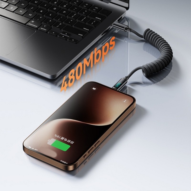 Spring Loaded USB C Charging Cord 120W Highly speed Power Delivery Braided Cable gallery