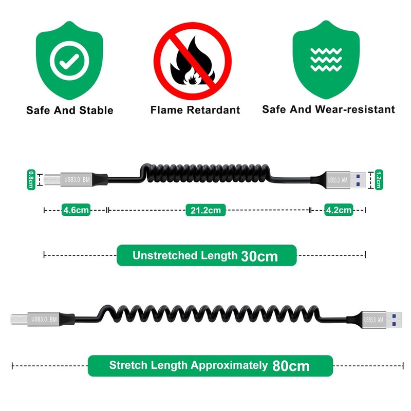 0.8m Coiled USB 3.0 Type A to B Male Printer Scanner Hard Drive Cable Cord gallery