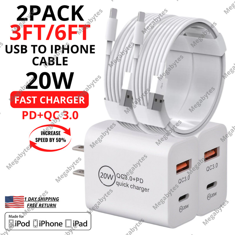 For iPhone 14 13 12 11 XR 8 Charger Cable 20W USB Fast Charge Wall Adapter Block