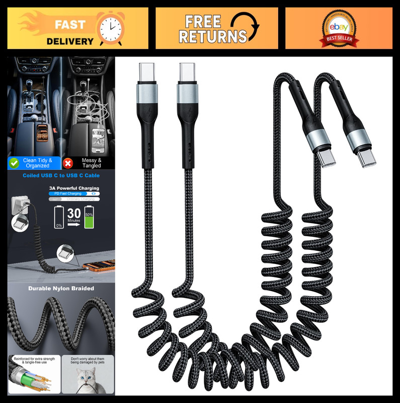 Coiled USB C Cable 3ft 2-Pack | Fast Charging Type C Charger for iPhone & Samsun