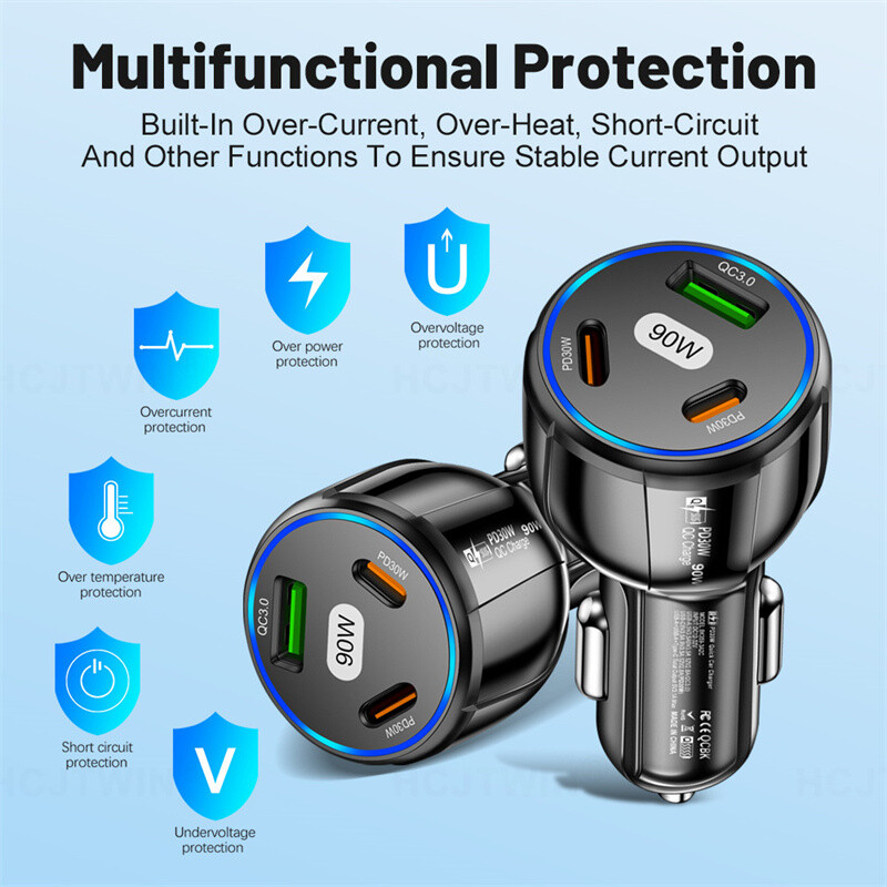 90W LED PD Fast Car Charger 2 Type-C+USB 3 Ports Adapter For iPhone Samsung gallery