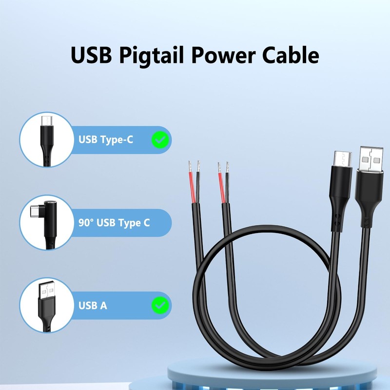10 PCS USB A, USB C to 2-Pin Bare Wire Pigtail Cable Kit, 12V 3A, 5V 3A, DIY gallery