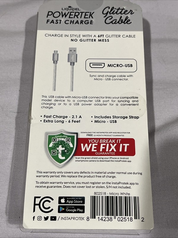 Liquipel Powertek Fast Charge Glitter Cable 6’ Feet White USB-C gallery