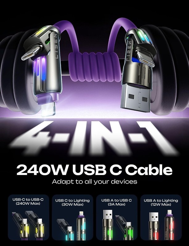240W 4-in-1 USB C to C Charging Cable 6.6FT with Light for iPhone/MacBook/iPad/S gallery