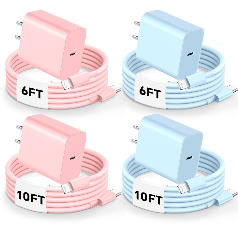 Phone Charger Fast Charging, 4 Pack 20W Type C Wall Pink + Blue