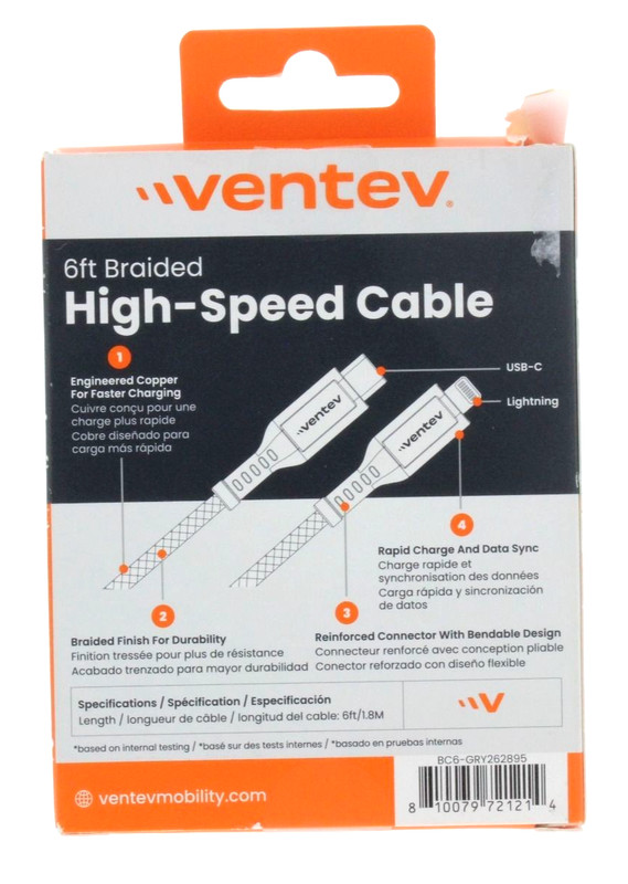 Ventev High Speed Braided Cable 6 Ft 2X faster Charging USB-C to 8 Pin Connector gallery