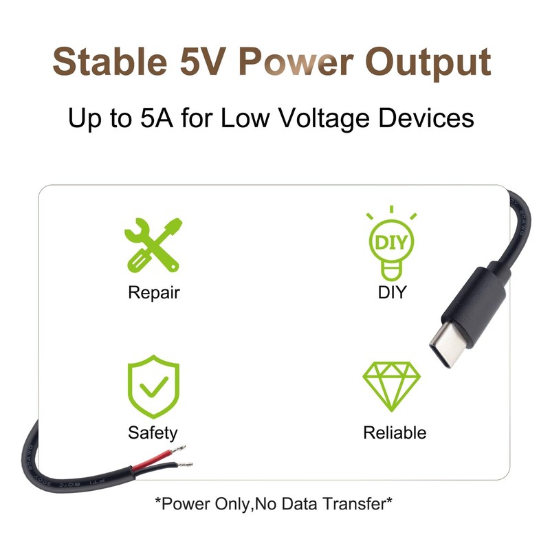 USB-C Power Pigtail Cable to Bare Wire, 20AWG 1M/3.3FT DIY Low Voltage Power ... gallery