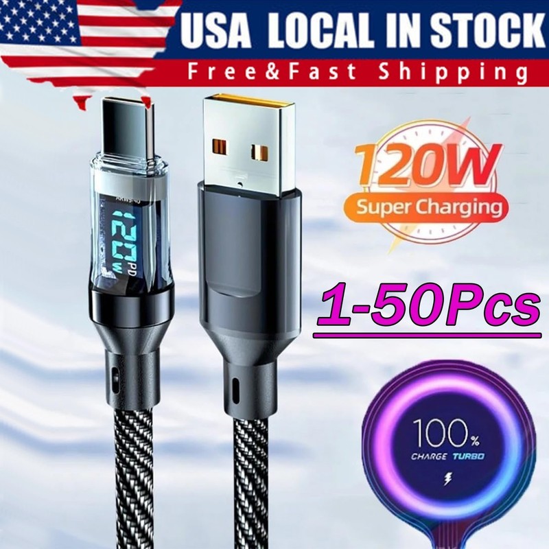120W USB C Fast Charging Cable LED Display Type C Charger Cord 2M