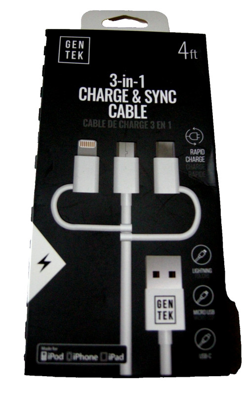 Gen Tek 3 -in-1 Charge & Sync Cable, 4 Ft., For Lighting, Micro USB, USB-C