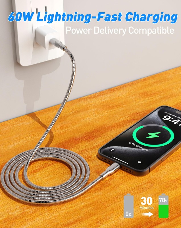 Metal Braided USB-to USB-Cord Chew Proof - 6.6ft 60W PD Fast Charging & Data ... gallery