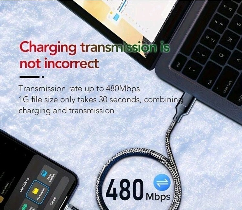 USB-C Braided Nylon Fast Charging Cable with LED Indicator, Black/Silver
