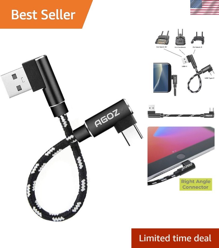 90 Degree Elbow USB A to USB C Cable – 6 Inch Nylon for DJI & Samsung Devices