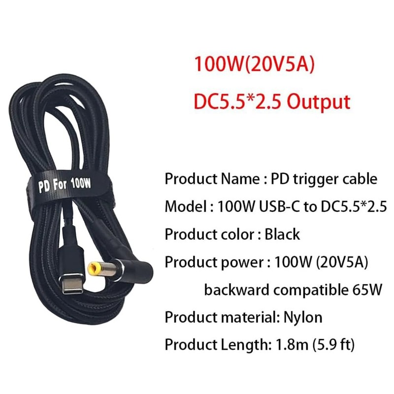 2PCS 5.9ft 100W 20V 5A PD Trigger USB Input to DC 5.5 x 2.5mm Power Cable gallery