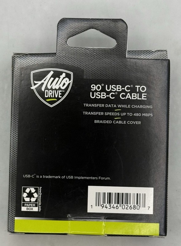 Auto Drive 90° USB Type-C Charging & Data Sync Cable (60W) Black, 6ft