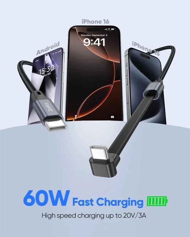 90 Degree USB C Cable 1FT, Right Angle USB C Cable Flat 60W Fast Charging Nyl... gallery