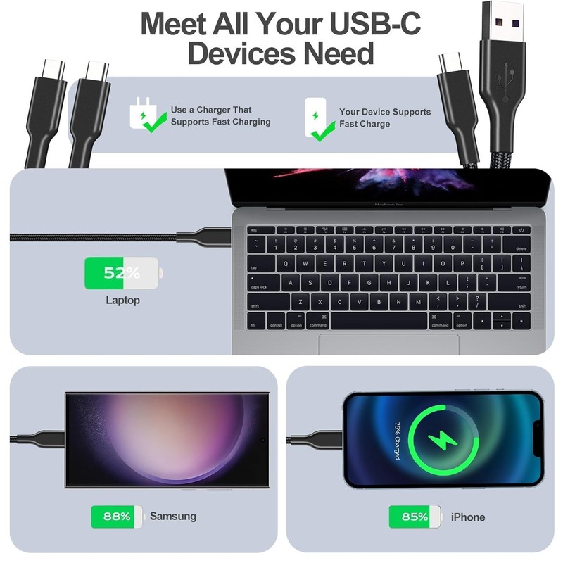 60W Braided USB C Cable Assorted 4 Pack 3.1FT gallery