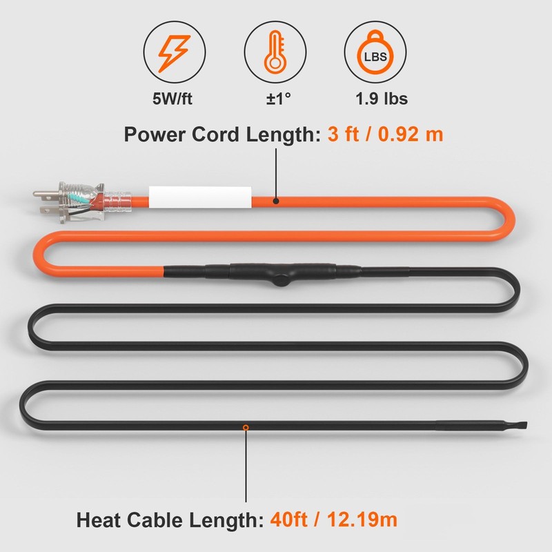 Self - Regulating Pipe Heating Cable, 40FT 5W/ FT Heat Tape for Pipes Freeze gallery