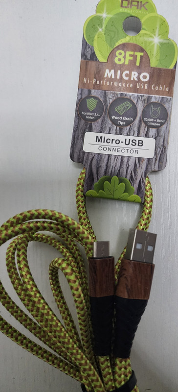 OAK 8ft Micro-USB to USB-A Braided Nylon Charging Cable Wood Grain Green