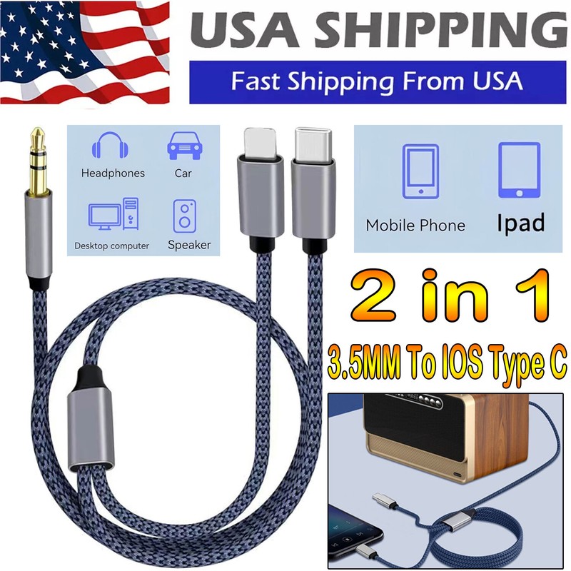 2 in 1 Aux Audio Cable USB C& iOS to 3.5mm AUX Audio Cable for iPhone Android