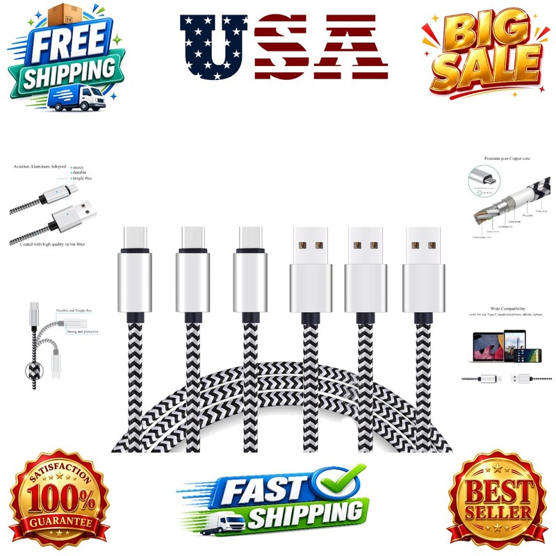 USB Type C Cable 10ft 3Pack Quick Sync Charging USB C 2.0 to USB A Nylon Brai…