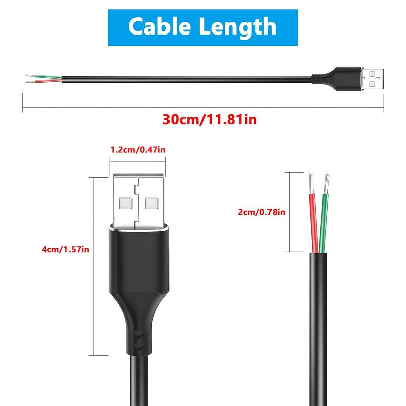 USB 2.0 to Bare Wire Cable, 0.3M USB-A Male to 2-Pin Open End Pigtail, 24AWG 5V gallery
