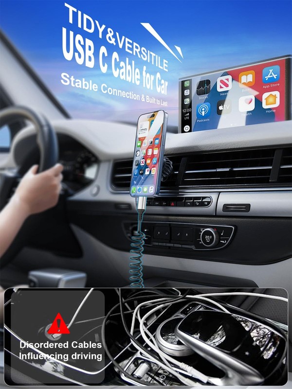 Coiled USB C to C Cable 3FT, 2 Pack Retractable C Black gallery