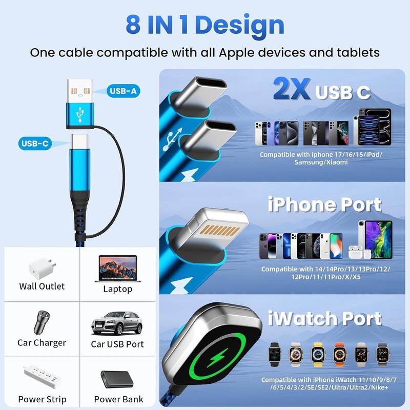 4-in-2 Multi Charging Cable with Dual Type-C Ports - 5FT for iPhones & iWatch gallery