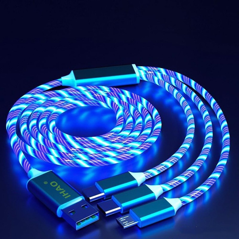 47 Inch Blue 3 In 1 Multi Fast Charging Cable USB A To C Micro Light Up Cord