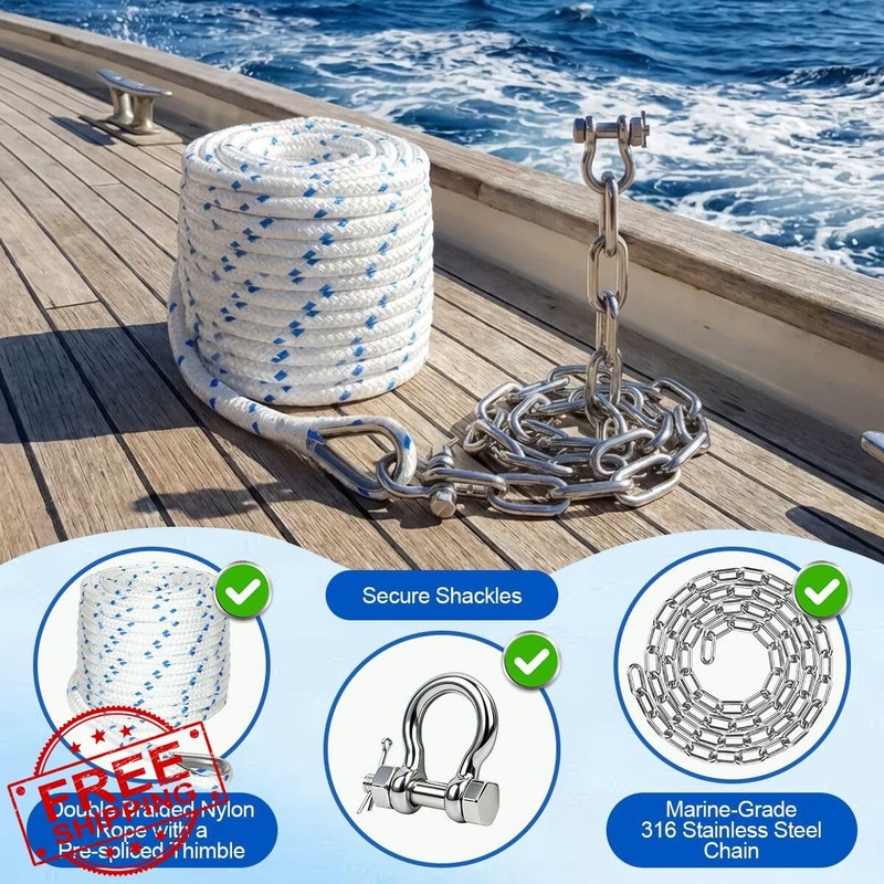 CORDUN Anchor Rope 1/2" x 100' Chain 1/4" x 6' Blue gallery