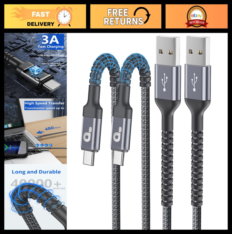 USB to USB C Cable 3A Fast Charging [2 Pack, 6FT] Durable Braided Charger Cord f