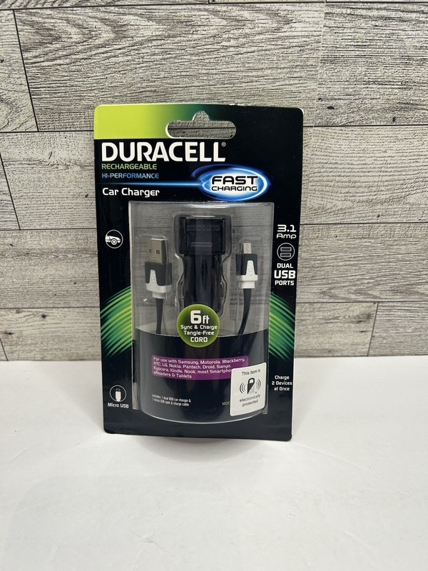 Duracell Car Charger 3.1 Amp Rechargeable Hi-Performance Micro USB New Black