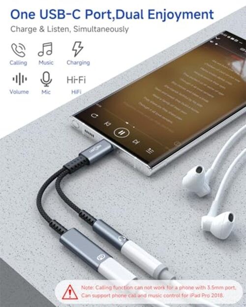 USB C to 3.5mm Headphone and Charger Adapter, 2-in-1 Type 2 Port-Separate Grey gallery