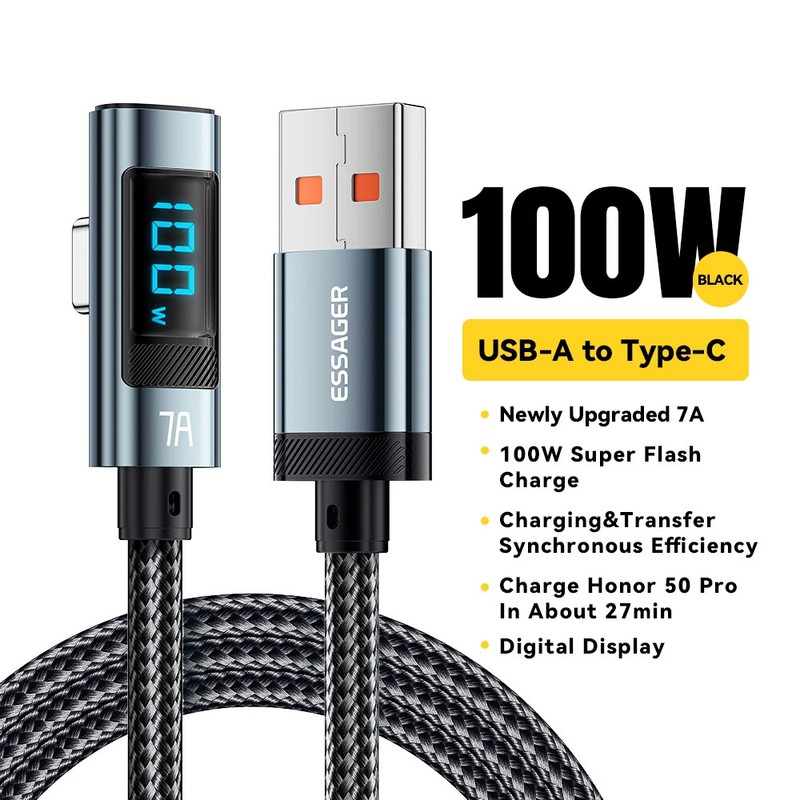 100W USB Type C Cable PD Fast Charging USB A To Type C Wire LED Digital Display