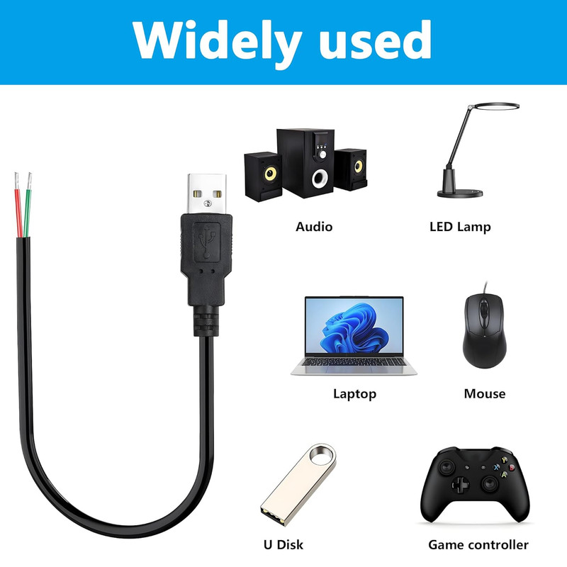 USB 2.0 to Bare Wire Cable, 0.3M USB-A Male to 2-Pin Open End Pigtail, 24AWG 5V gallery