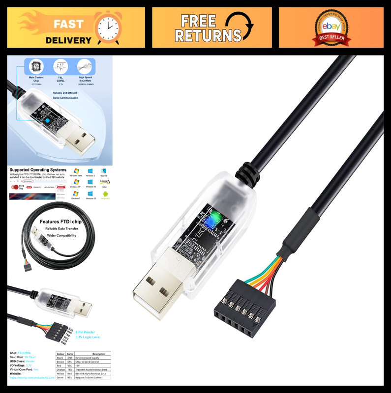 USB to TTL Adapter 3.3V Serial Converter Cable FTDI Chip 6 Pin UART Debug 3ft LE
