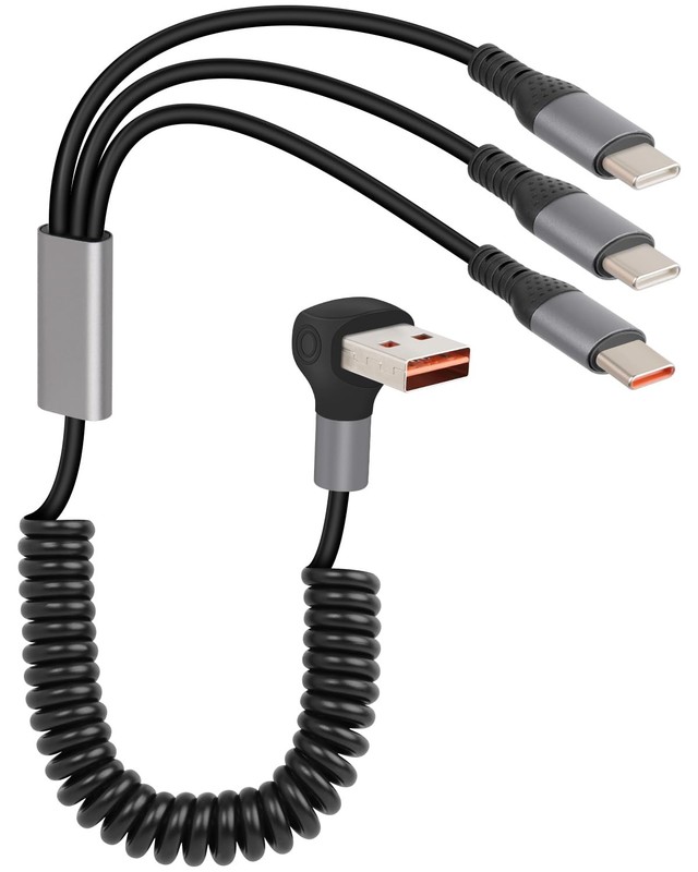 66W Coiled 90 Degree Right Angle Multi USBC 3in1 Charging Y Splitter Cable