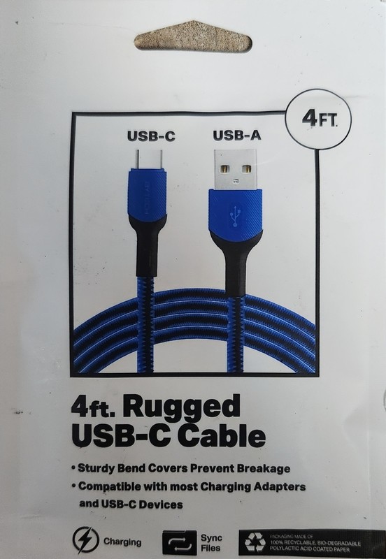 Vibrant BLUE 4ft Rugged Premium Bytech USB-C To USB-A Charging Cable