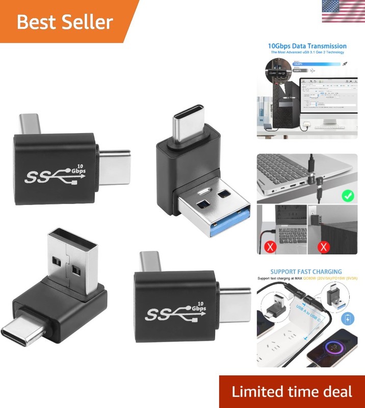 Compact Aluminum USB A to C 90° Angle Adapter – 10Gbps, 4 Pack Solutions