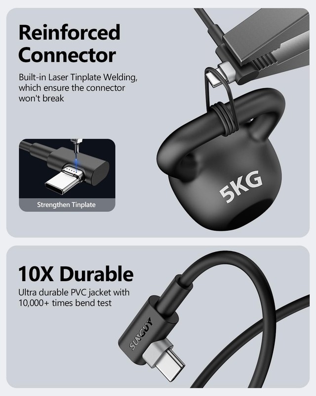 SUNGUY USB C 90 Degree Cable 1FT, 2-Pack Right Angle 3A 2.0 1ft, Black gallery