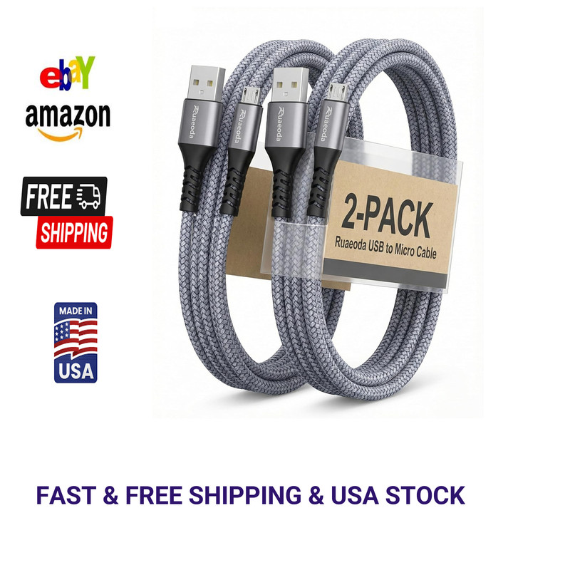 6ft Micro USB Cable 2 Pack Heavy Duty Braided Charger Cord for Android PS4