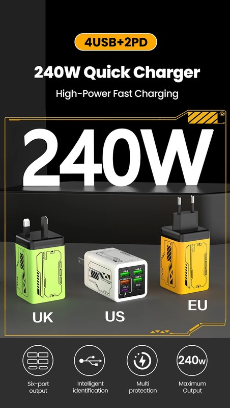 240W 6-Port USB Charger 4USB 2Type C PD3.0 Fast Charging EU UK US iPhone Samsung gallery
