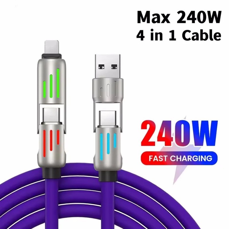 4 in 1 USB Fast Charging Cable Type C iPhone Micro USB 240W 1.5M Silicone