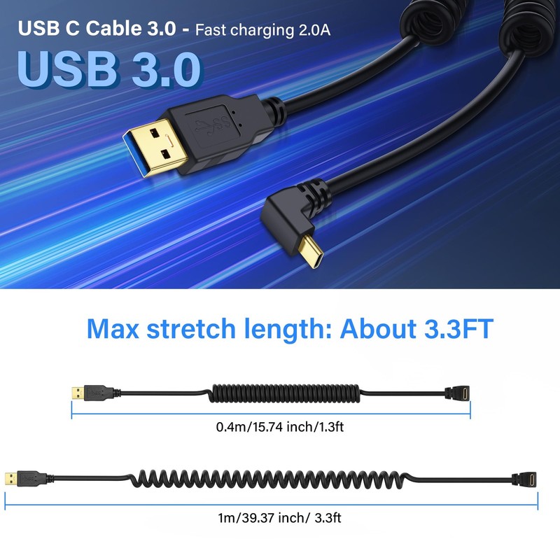 USB Type C Coiled Cable 5Gbps Retractable 90 Degree 3.0 Charging Data Transfer gallery