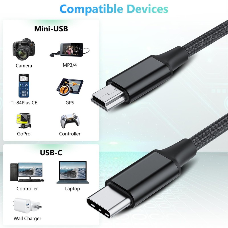 Short USB C to Mini USB Cable 0.25M, Braided USBC to MiniB 5Pin Cord, OTG Cha... gallery