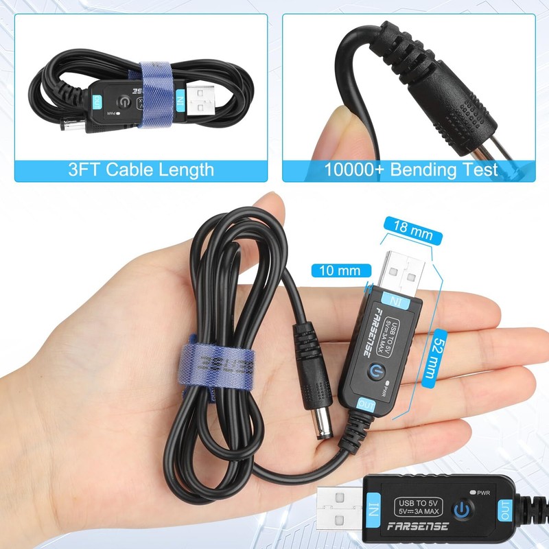 USB to DC 5V Power Cord 3FT Barrel Plug 5.5x2.1mm with 10 Tips On/Off Switch gallery