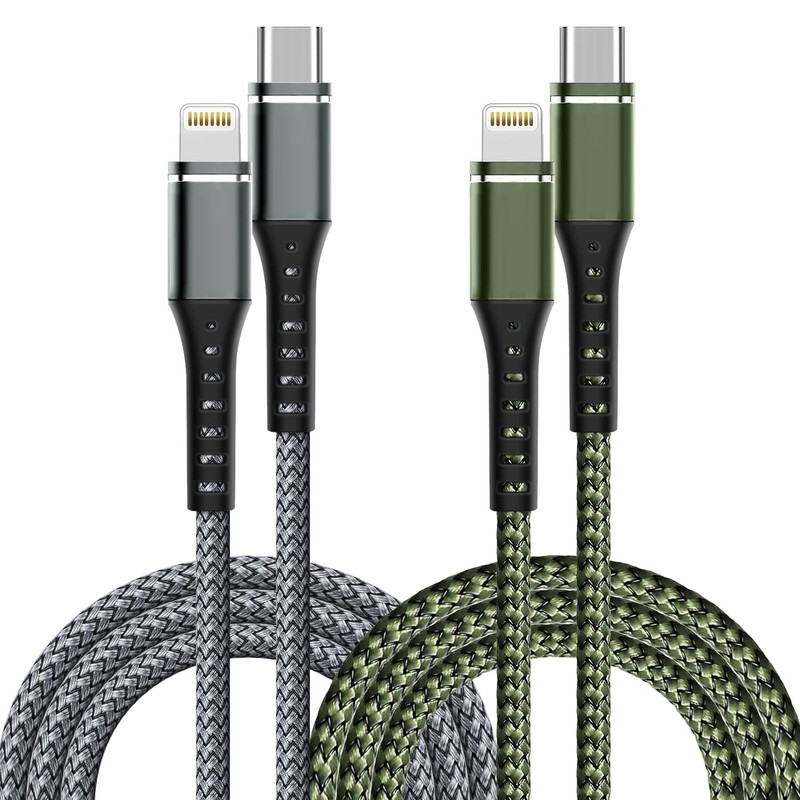 2-Pack USB C To Lightning Cable 3FT MFi Certified Gray Green Fast Charge Wire