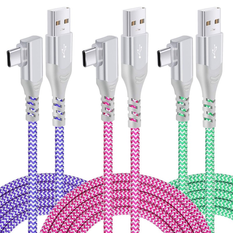 10ft USB Charger Cable, 3-Pack Right Angle USB A to USB Cable, Nylon Braided …