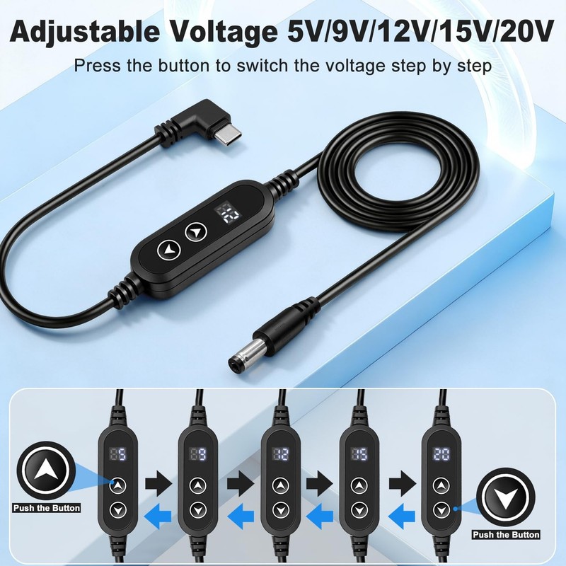 USB C to DC Adapter Power Cable 5V,9V,12V,15V,20V Adjustable with LED Display... gallery