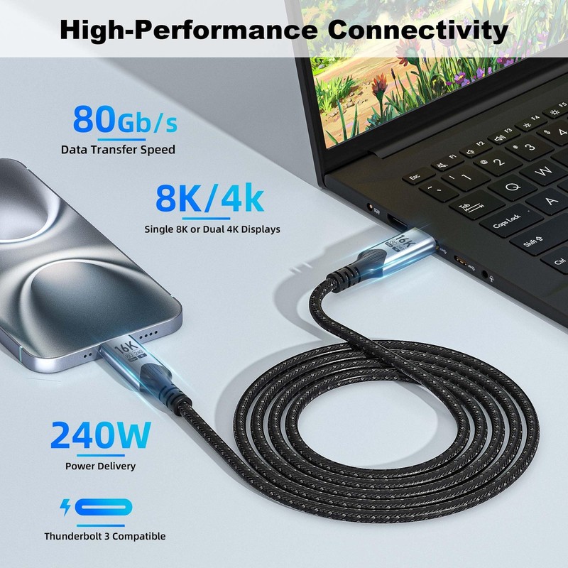 USB C To USB C 6FT/2M Thunderbolt 5 Cable 80Gbps 240W PD Fast Charging gallery